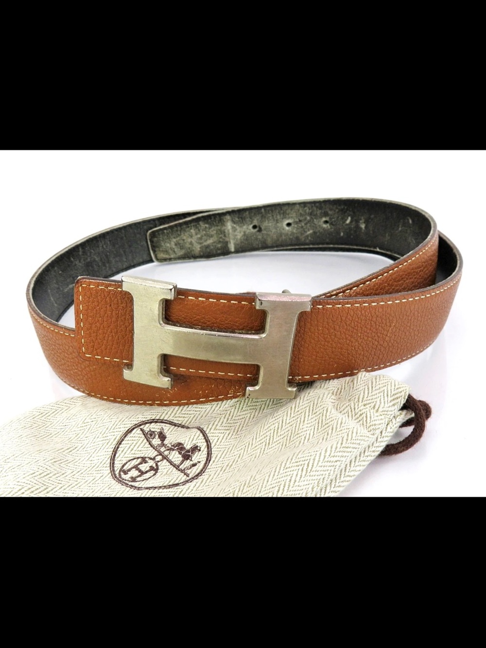 Hermes Tan Leather Belt with Silver H Buckle